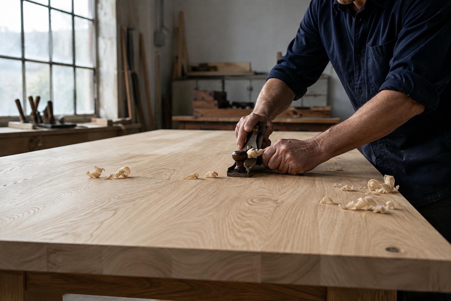 A woodworker hand-planing the oak tabletop, with curls of fresh wood shavings.