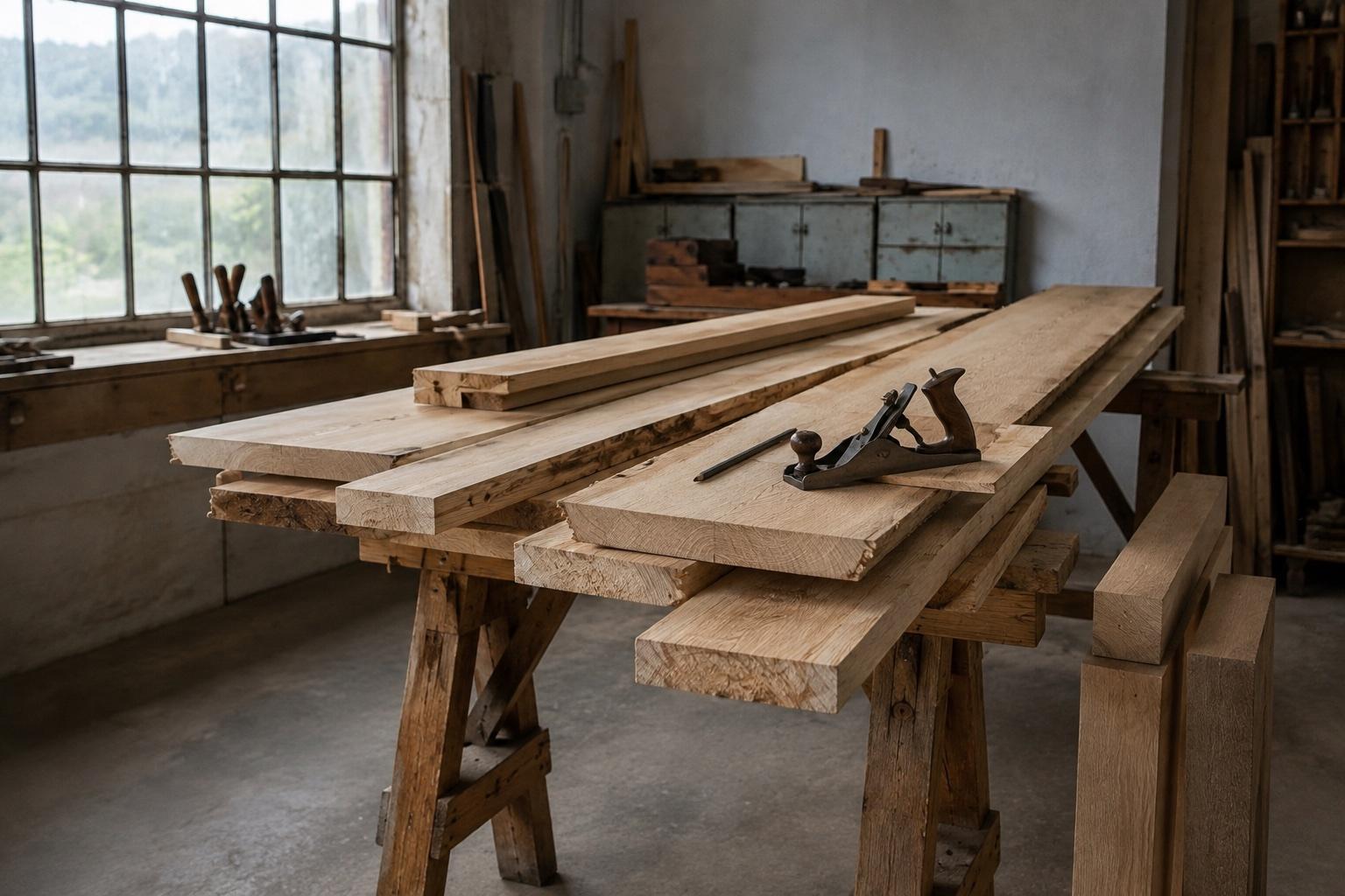 Rough oak boards and timber for legs resting on sawhorses in a workshop.