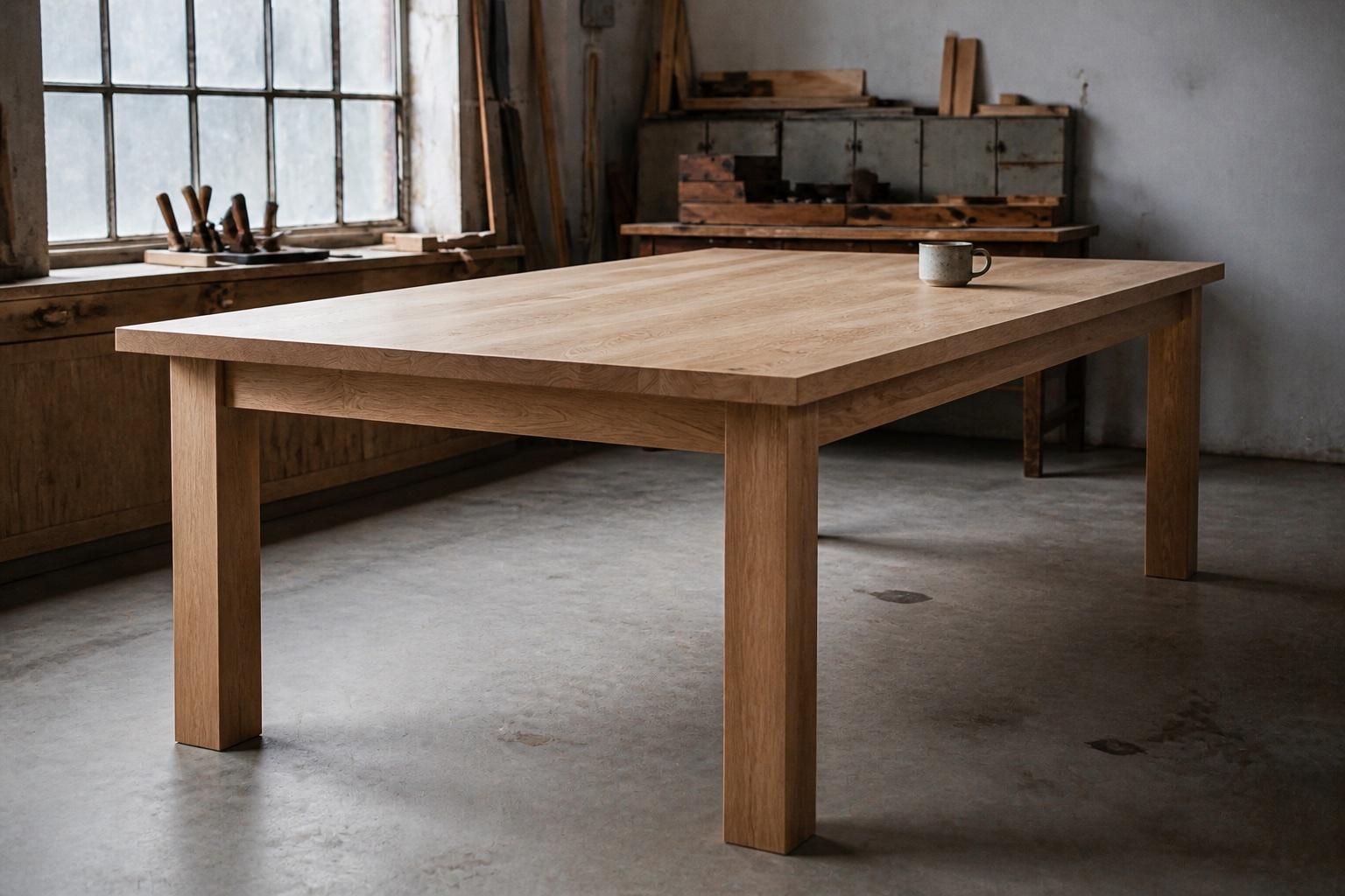 The completed oak dining table with a smooth finished top, square legs, and a ceramic mug.