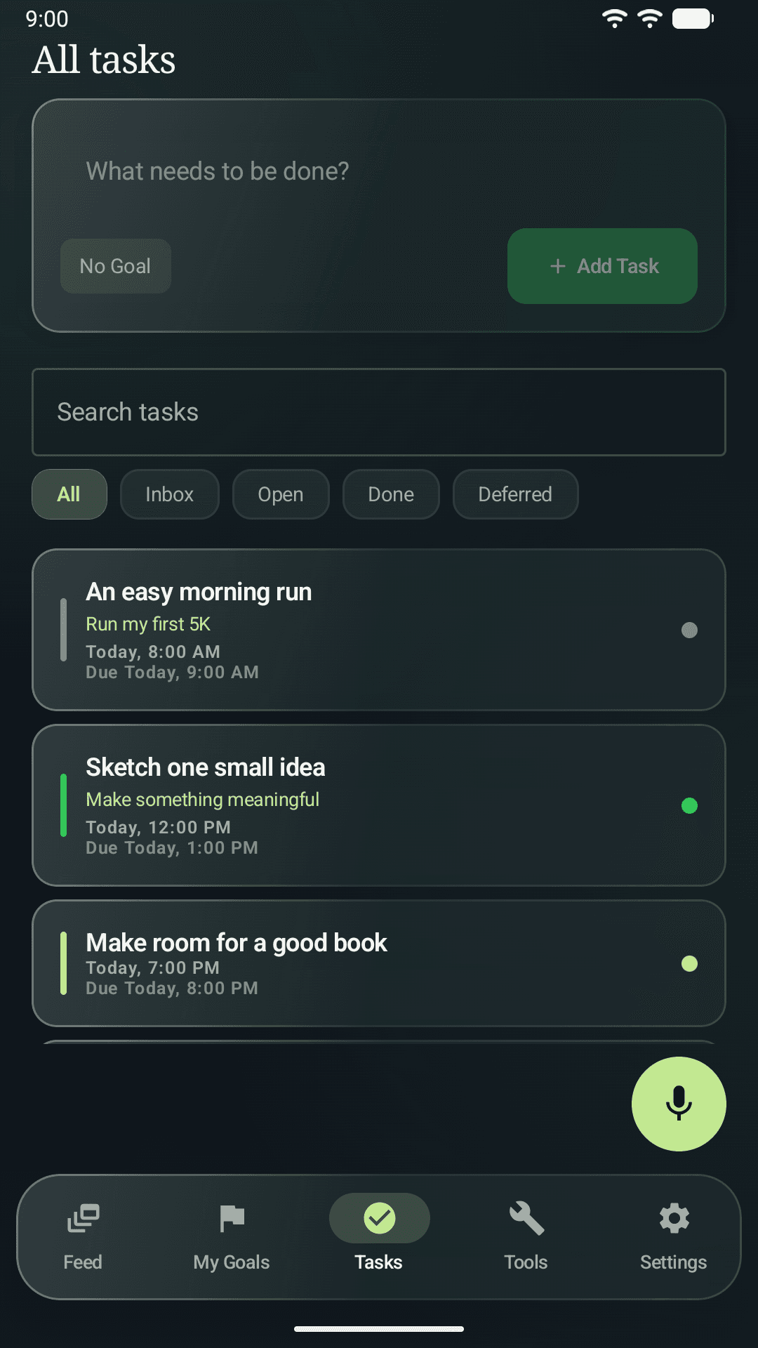 Tasks in Lazy Schedule, including a morning run linked to a running goal.